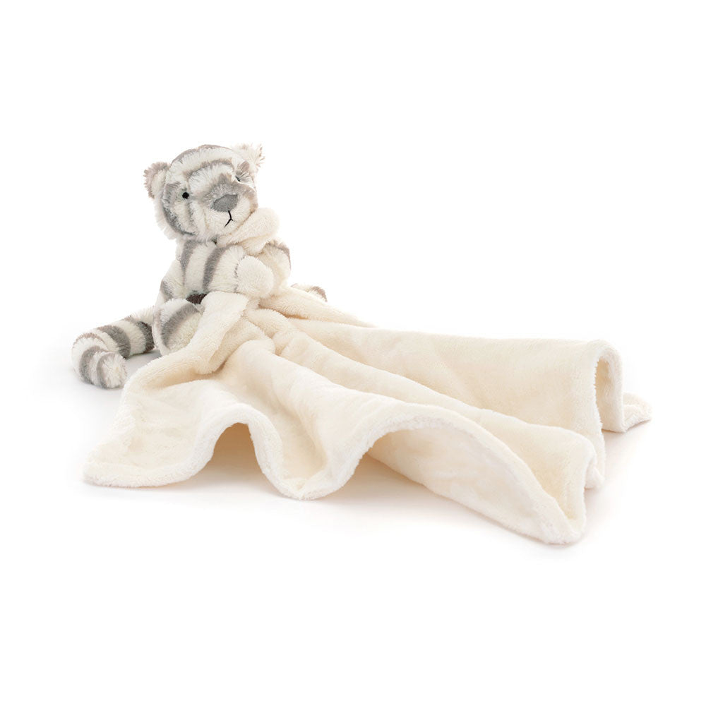 Bashful Snow Tiger Soother - grey and cream stripes - mini cream blanket attached