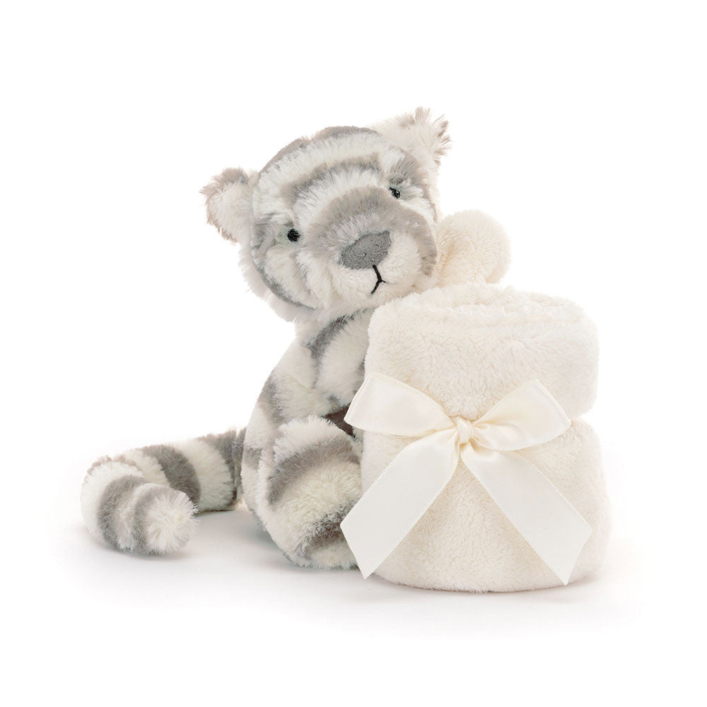 Bashful Snow Tiger Soother - grey and cream stripes - mini cream blanket attached