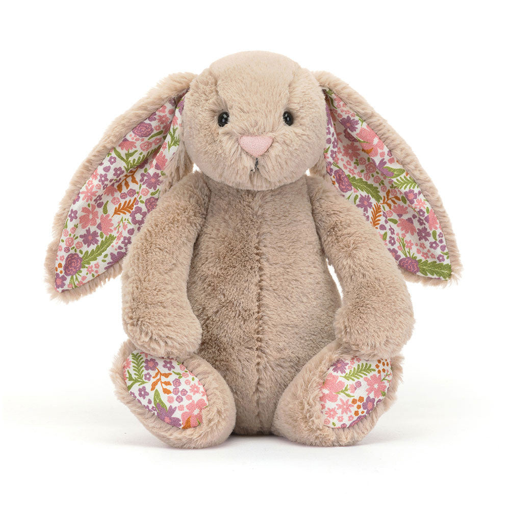 Blossom Beige Bunny 'Petal' - beige fur - cotton floral ears and paw pads - pink and purple flowers ears and paw pads