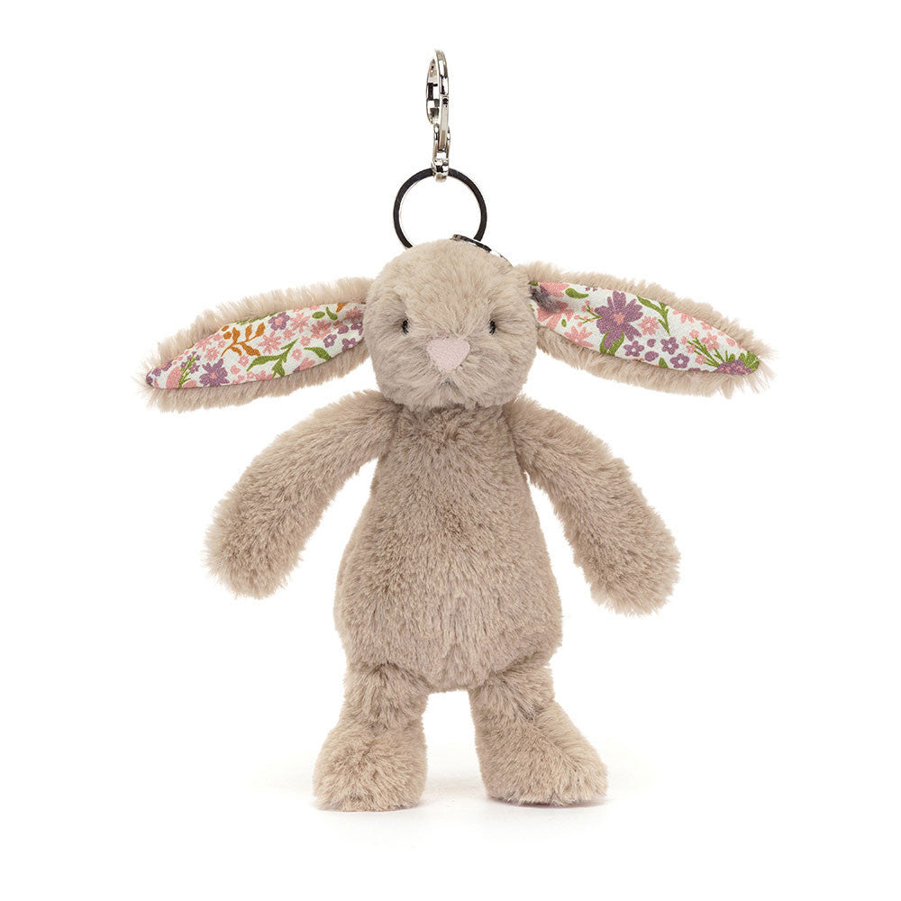 Blossom Beige Bunny 'Petal' Bag Charm   - pocket size - beige fur - pink and purple flowers pattern in ears and paw pads