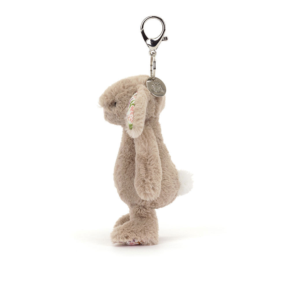 Blossom Beige Bunny 'Petal' Bag Charm   - pocket size - beige fur - pink and purple flowers pattern in ears and paw pads