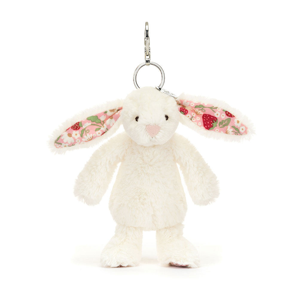 Blossom Cream Bunny 'Berry' Bag Charm - pocket size - cream fur - strawberries and flowers pattern in ears and paw pads