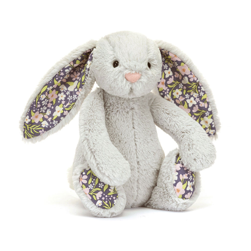 Blossom Silver Bunny 'Bloom' - silver grey fur - cotton floral ears and paw pads - pink and white flowers and midnight blue background  and paw pads