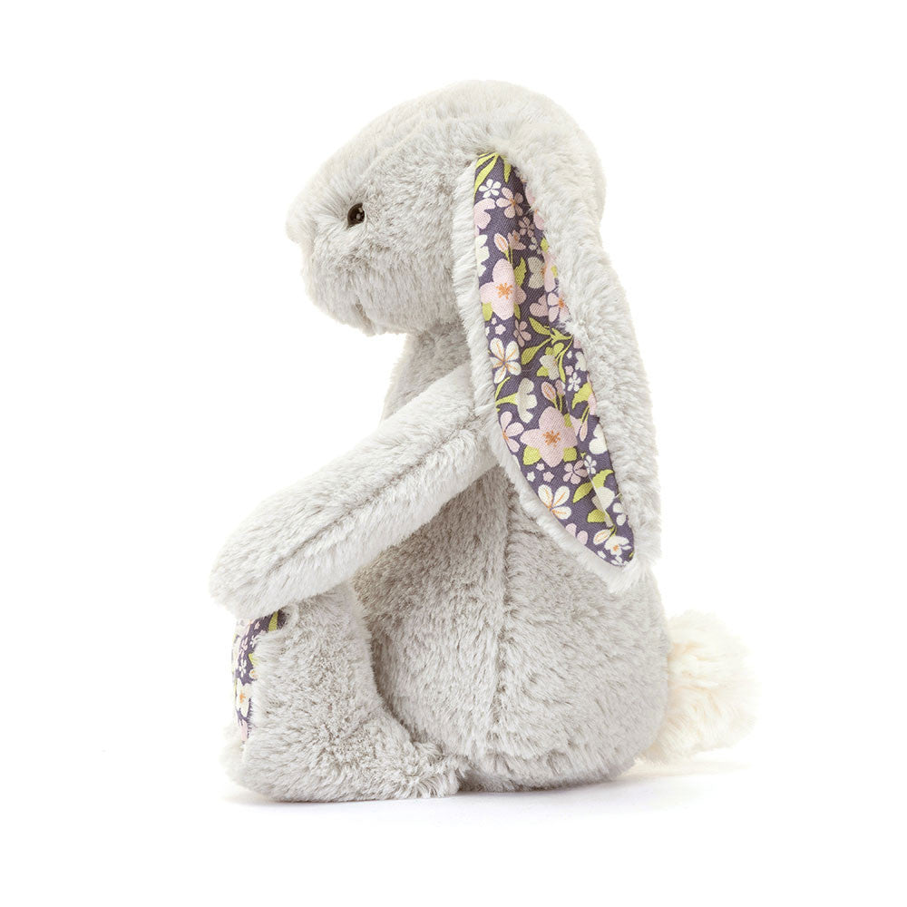 Blossom Silver Bunny 'Bloom' - silver grey fur - cotton floral ears and paw pads - pink and white flowers and midnight blue background  and paw pads