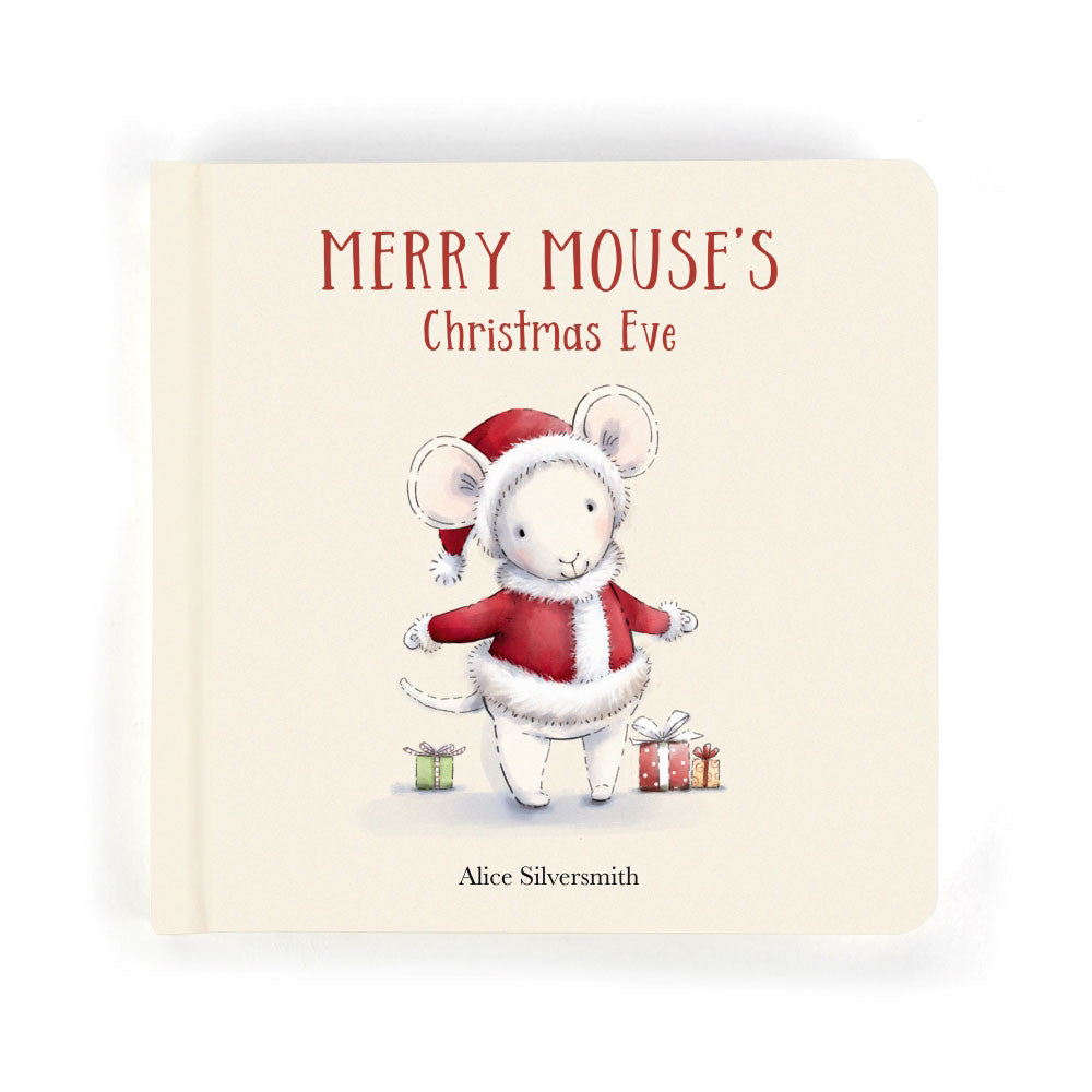 Merry mouse Christmas Eve - white mouse in a Santa outfit with presents - hard back illustration 