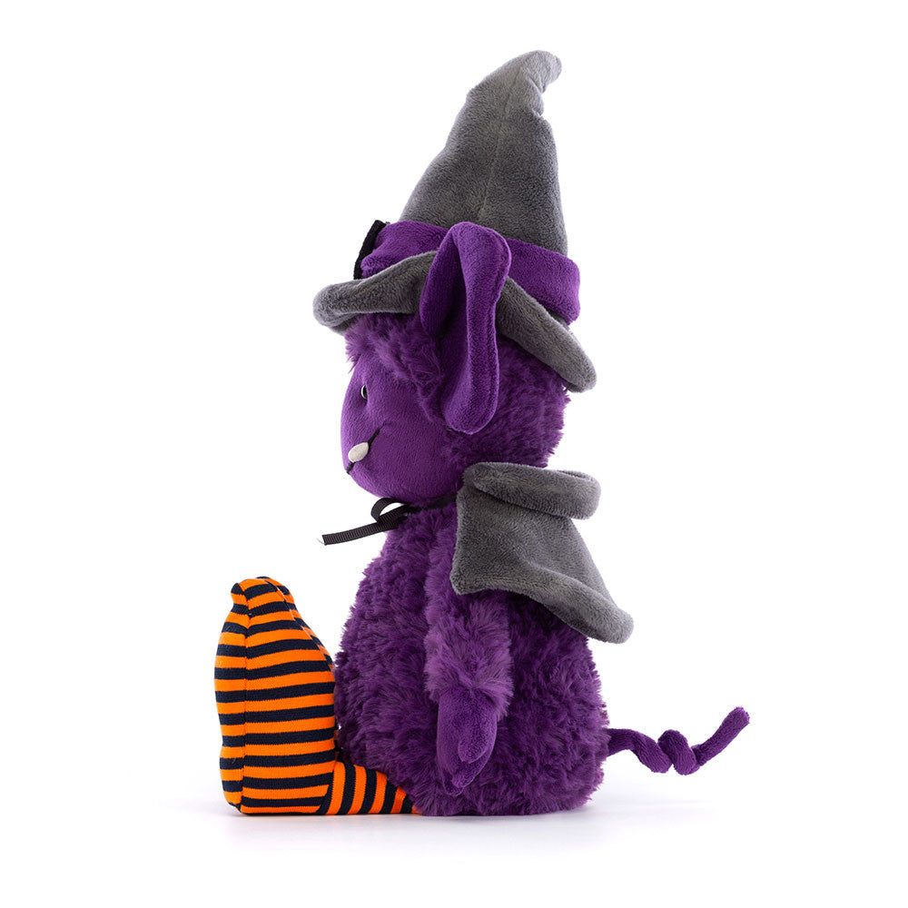 Greta gremlin - purple gremlin - with a grey witches hat - black cape -  orange and black stripy socks - soft toy 