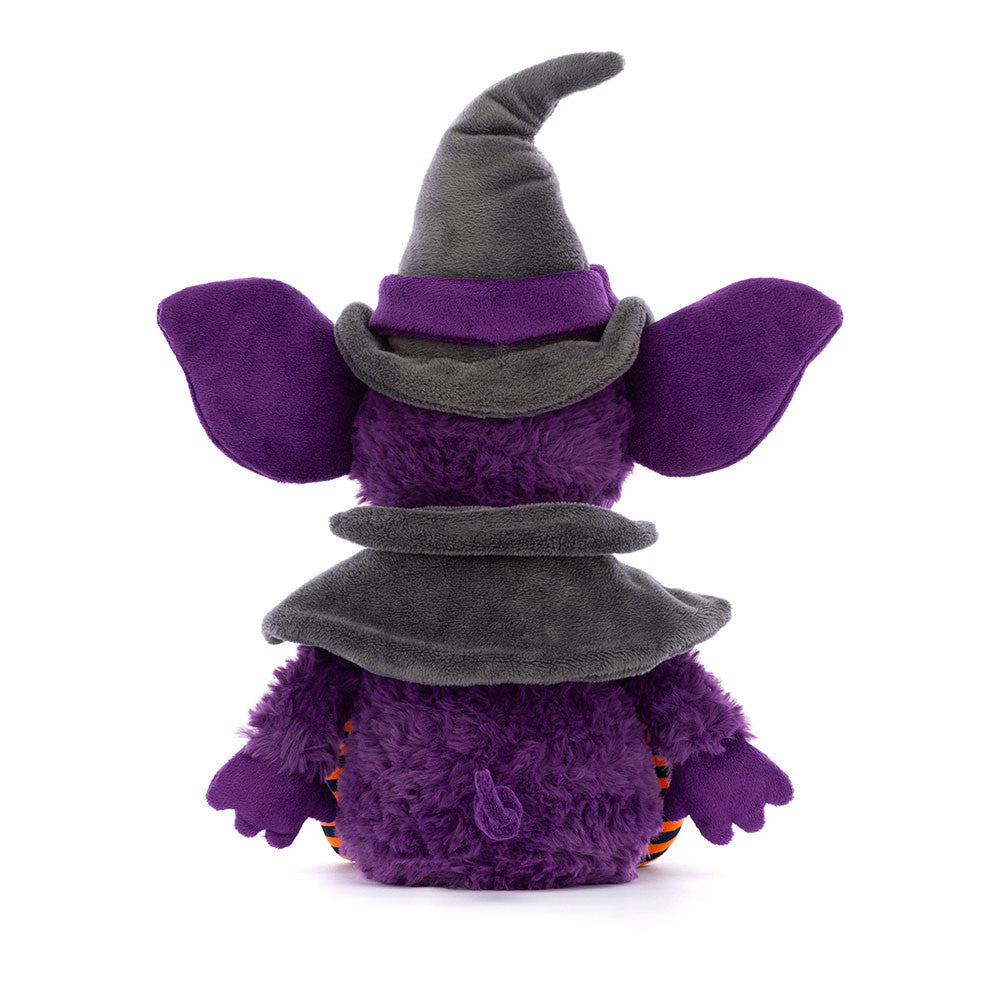 Greta gremlin - purple gremlin - with a grey witches hat - black cape -  orange and black stripy socks - soft toy 