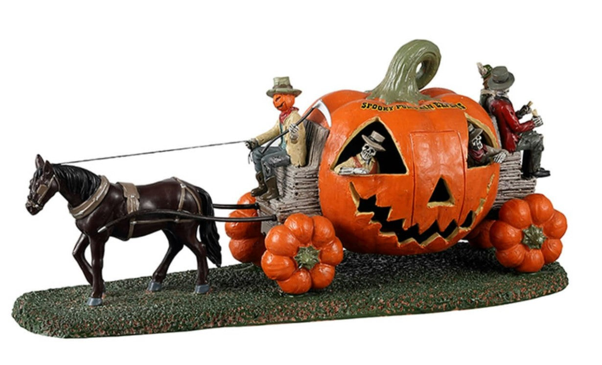 horse drawn pumpkin. Driver with pumpkin head and holding axe - pumpkin wheels