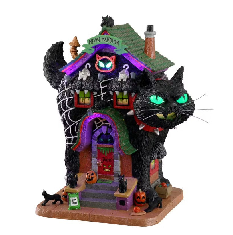 Lemax - black cat - mansion - purple and black - light up eyes -pumpkins - kittens 