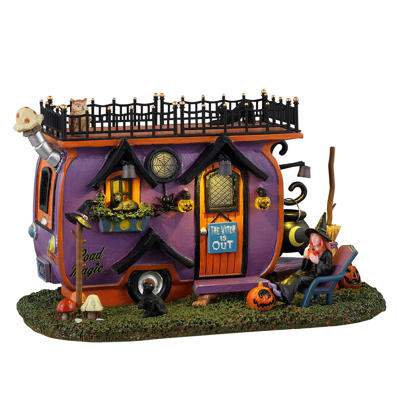 purple caravan -mushrooms - witch drinking coffee -cauldron - cats - pumkins